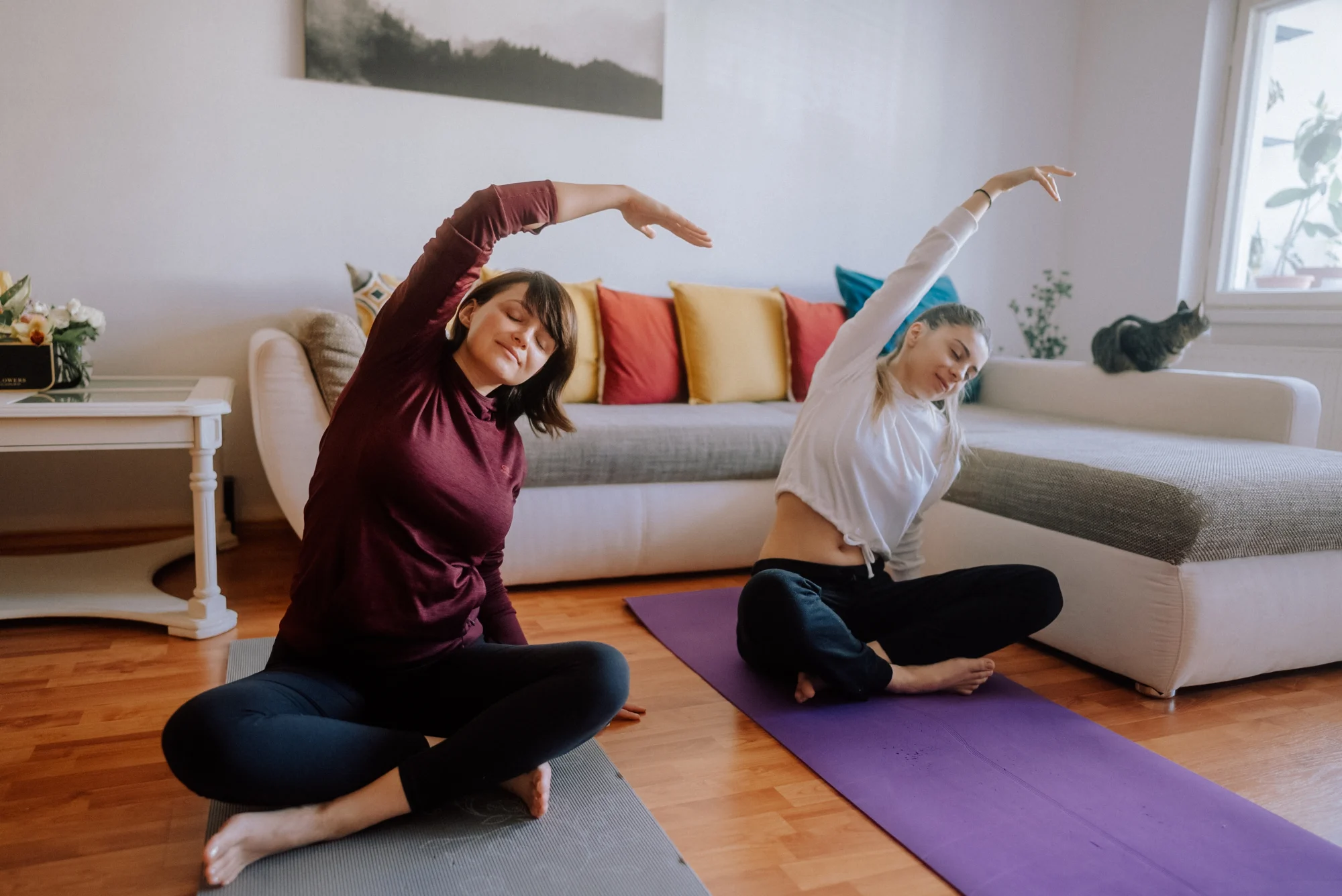 A private yoga lesson in a living room